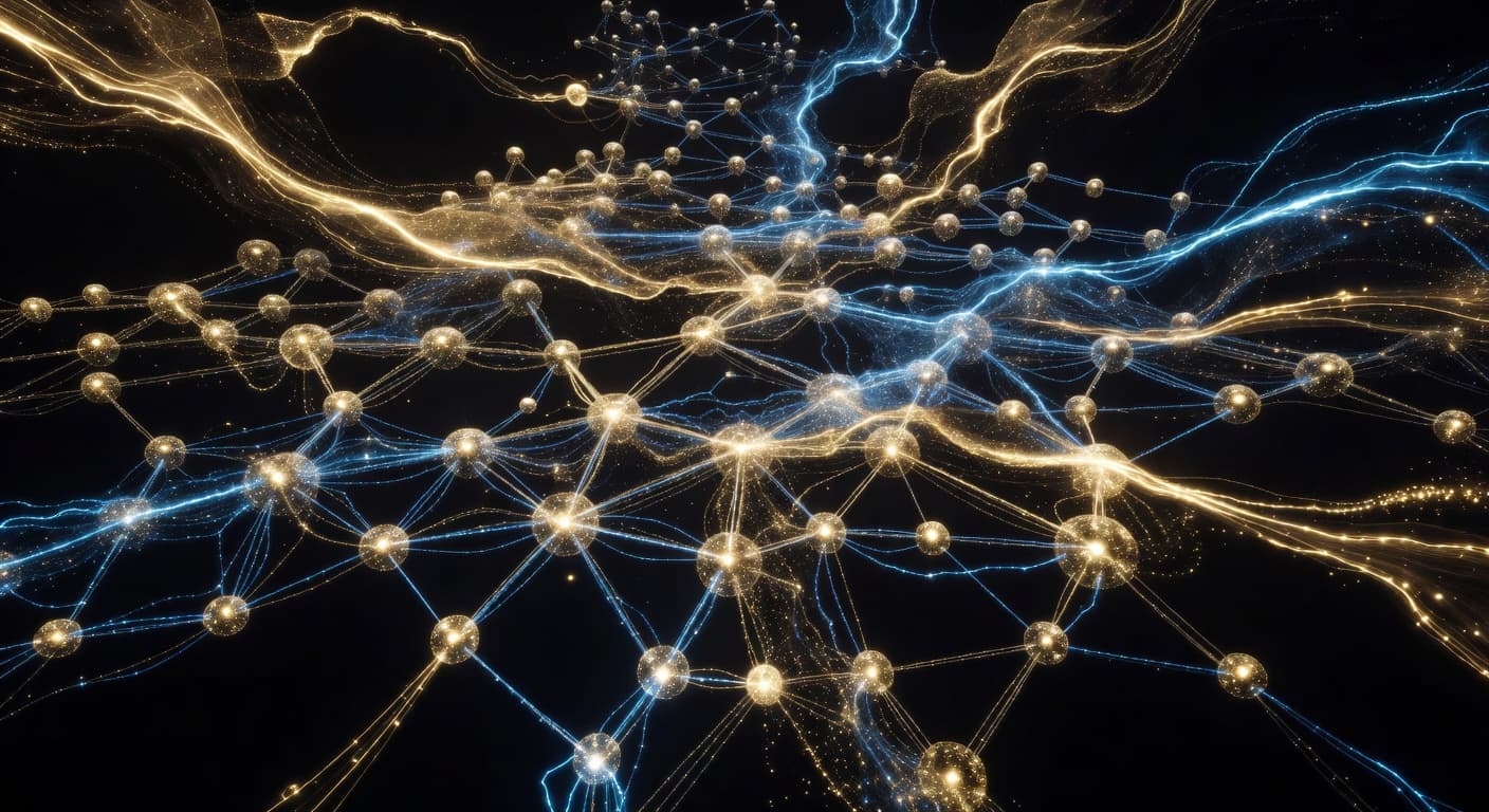 Glowing digital network of interconnected nodes and data streams in gold and electric blue.