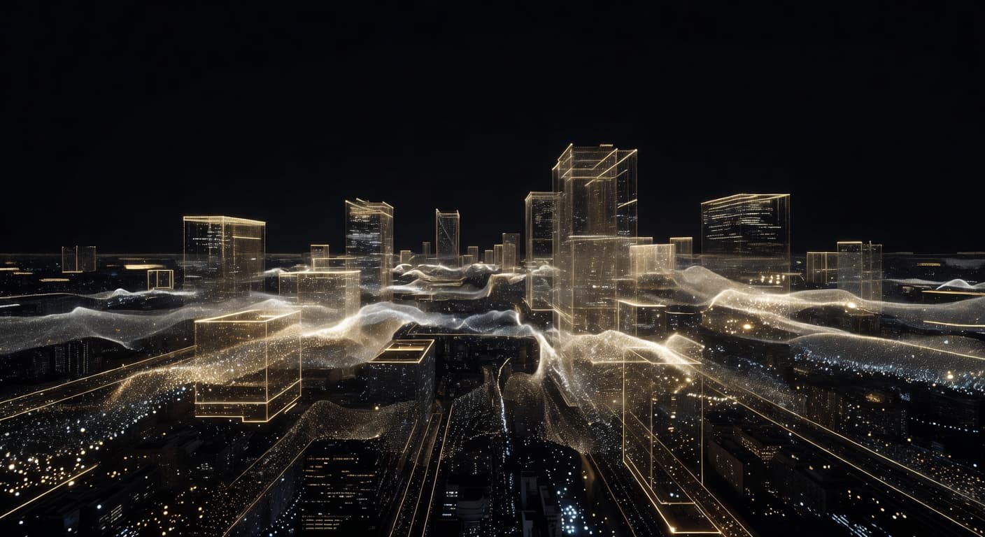 Abstract city skyline at night rendered as a glowing gold data visualisation.