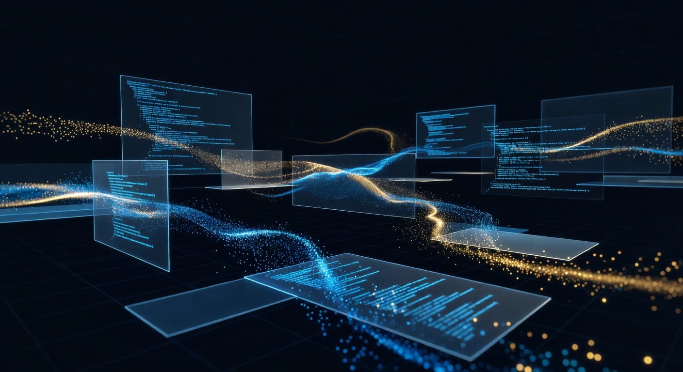 Clean abstract software architecture with floating UI panels dissolving into light particles.